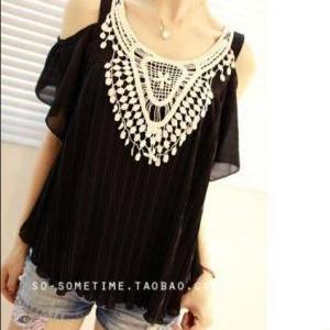 Women Ladies Sexy Vintage Crochet Lace Pleated..