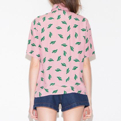 Fashion Cactus Print Lady Shirts Casual Loose..