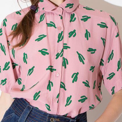 Fashion Cactus Print Lady Shirts Casual Loose..