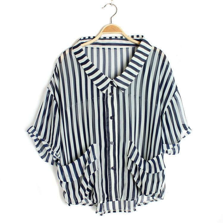 New hot spring loose women striped long-sleeved irregular hem shirt