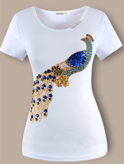 T Shirt Embroidery Peacock Hammer Bead Set Auger Sequined Women's