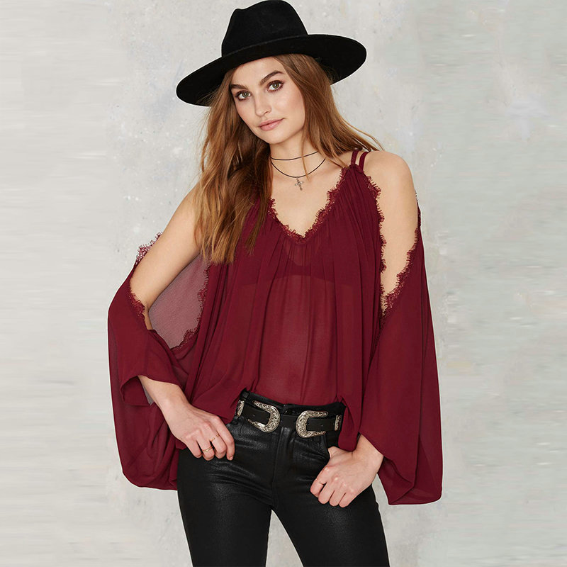 Womens Fashion Off Shoulder Draped Batwing Sleeve T-shirt Sheer Lace Patch Work Tops