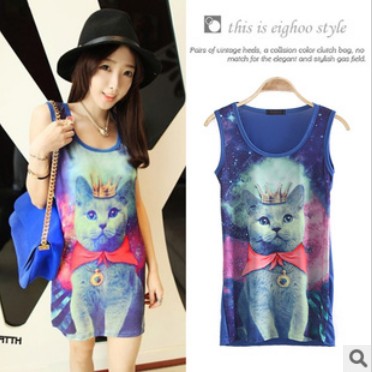 2015 Women Galaxy Cat King Space Graphic Print Female Models Dream Cat Prince Long Vest Sleeveless T-shirt Blouse