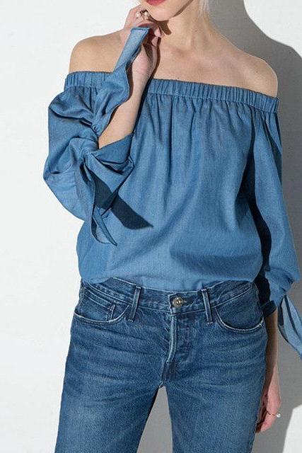 Womens Off Shoulder Sexy Slash Neck Solid Blouses Shirts Casual Long Sleeve Basic Tops Tees