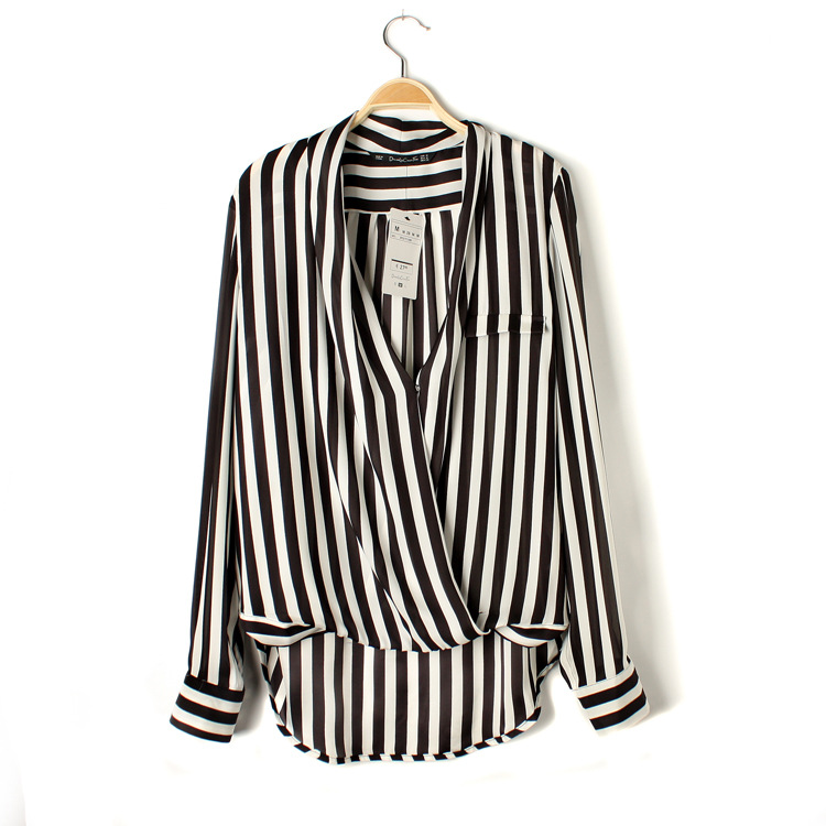 V-neck Sexy Vertical Striped Long-sleeved Shirt Clothing on Luulla