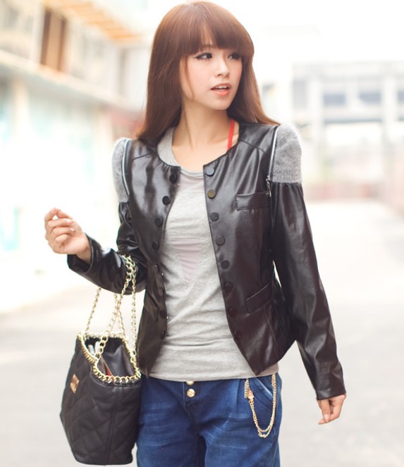 Leather Clothing Female Short Jacket Slim Design PU O-neck Women's ...